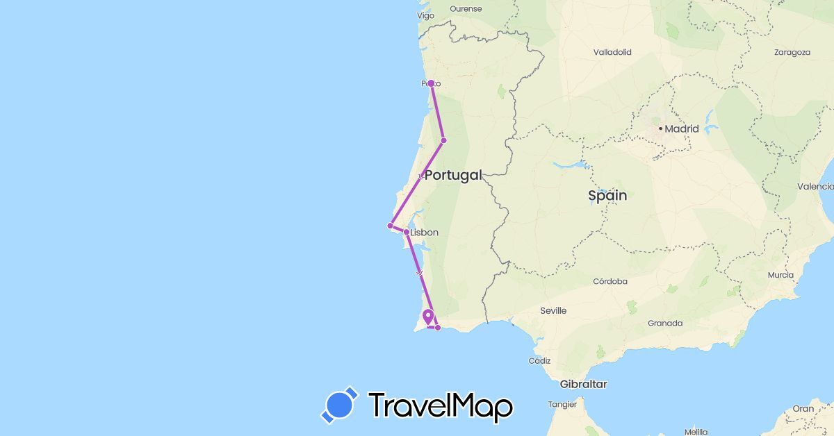 TravelMap itinerary: driving, train in Portugal (Europe)